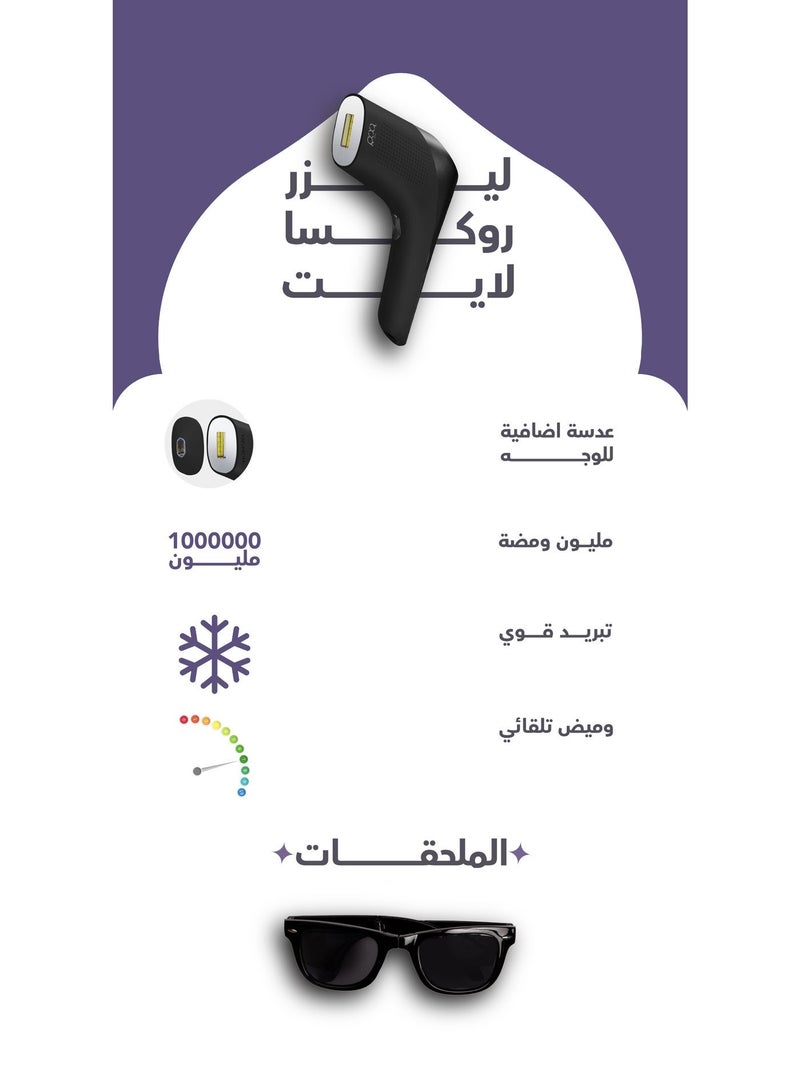 روكسا ليزر روكسا لايت - جهاز إزالة الشعر المنزلي مع مليون ومضة، 5 مستويات طاقة ونظام تبريد - إزالة سريعة وآمنة للجسم والوجه - Image 2